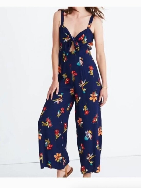 Madewell Pants - Madewell Navy Plumeria Cutout Floral Wide Leg Jumpsuit Bird of Paradise
